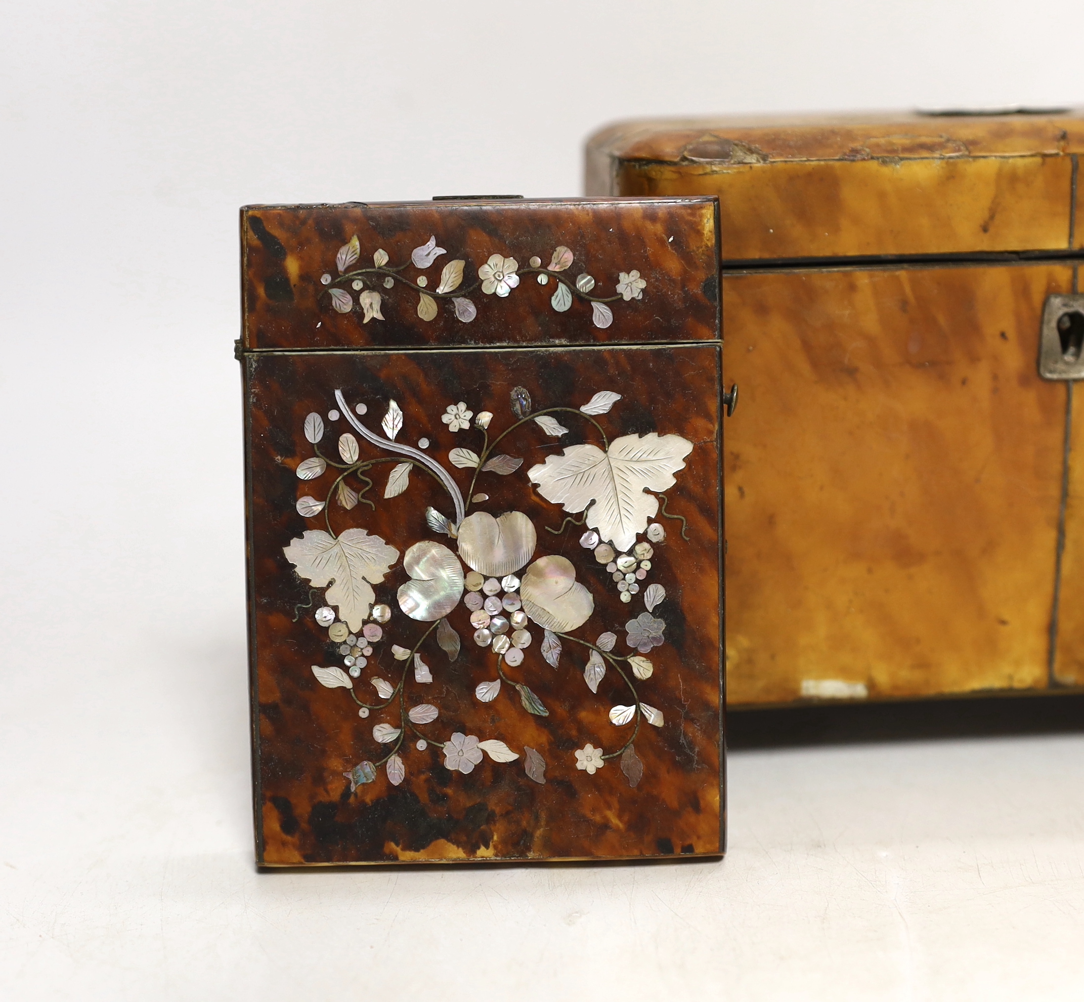 A 19th century two section tortoiseshell tea caddy on ball feet, a tortoiseshell necessaire case and a tortoiseshell and mother of pearl inlaid card case. tea caddy 15cm wide x 11cm high x 9cm deep CITES Submission refer